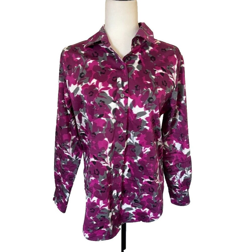 BROOKS BROTHERS Long Sleeve Button Up Blouse Size 8 Magenta Purple Gray Floral